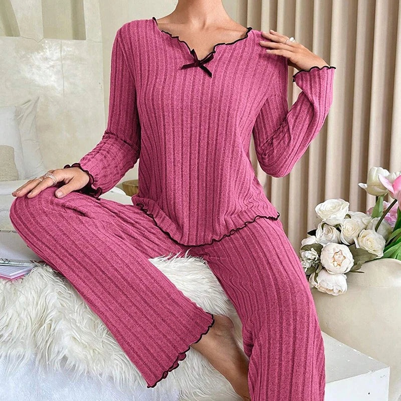 Women Autumn Winter Sleepwear Ribbed Pajamas Set Long Sleeve Top and Long Pants 2 Piece Set Casual Homewear Loungewear