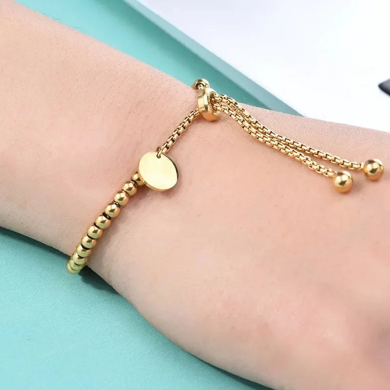 Golden Bead Adjustable Stainless Steel Bracelet – Women’s Fashion
