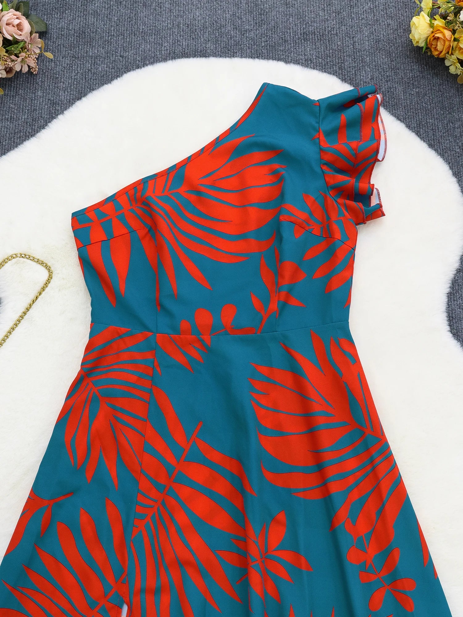 One-Shoulder Tropical Maxi Dress for Women