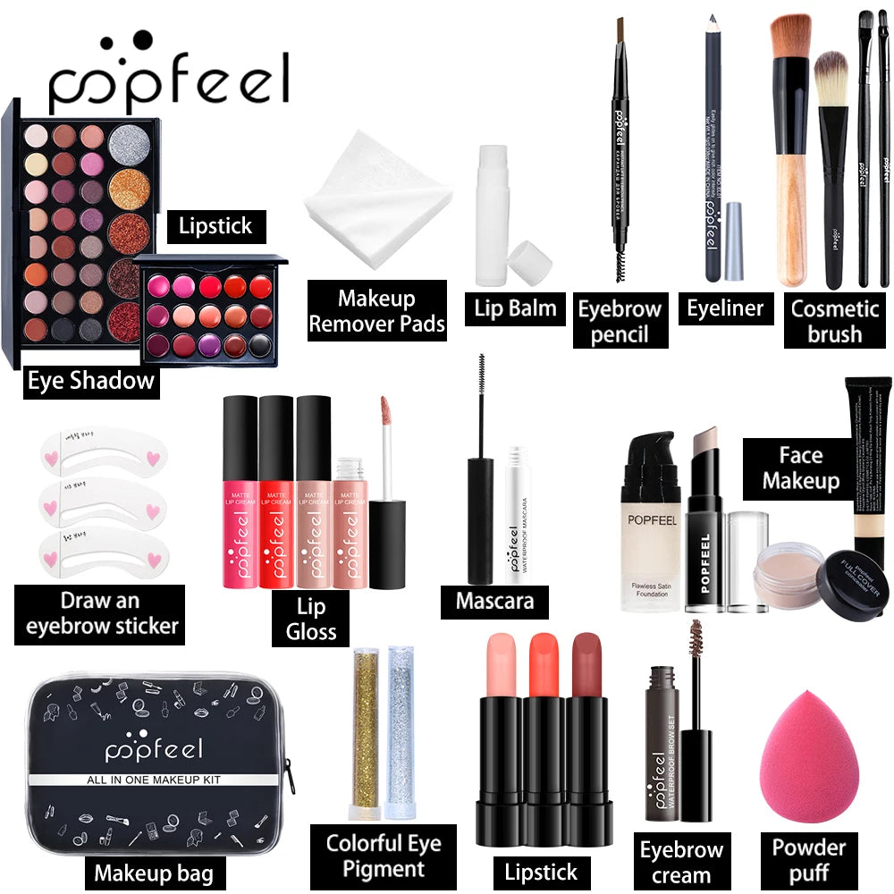 All-in-One Makeup Kit – Full Set, Nude Eyeshadow, Foundation, Primer, Brushes & Lip Gloss, Gift for Women & Teens