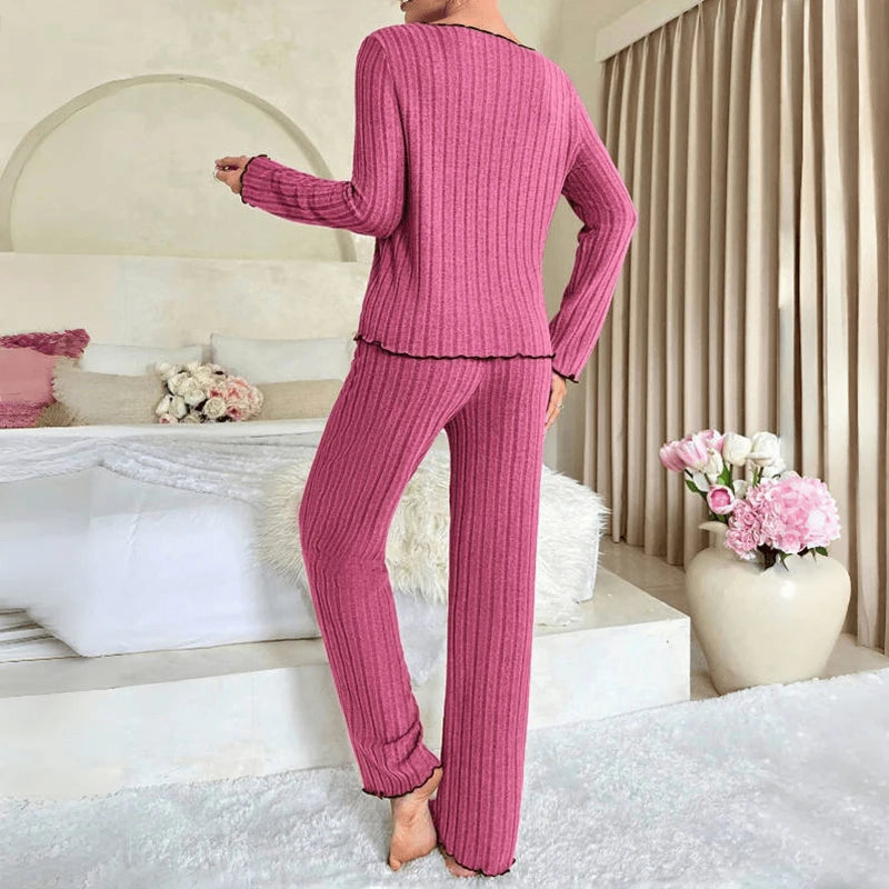 Women Autumn Winter Sleepwear Ribbed Pajamas Set Long Sleeve Top and Long Pants 2 Piece Set Casual Homewear Loungewear