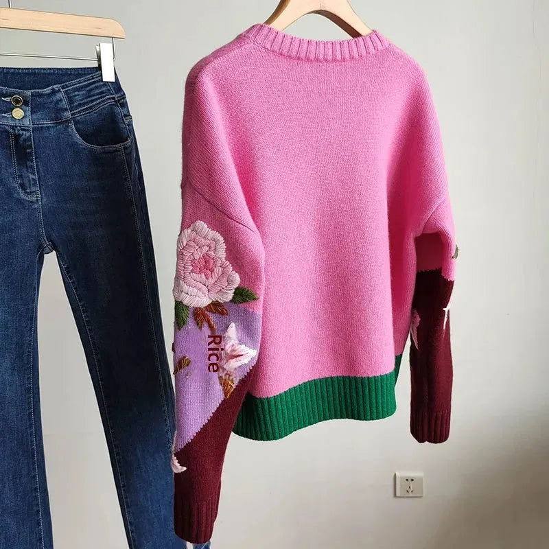 Autumn European-Style Fluffy Flower Sweater – Loose Crew Neck Top