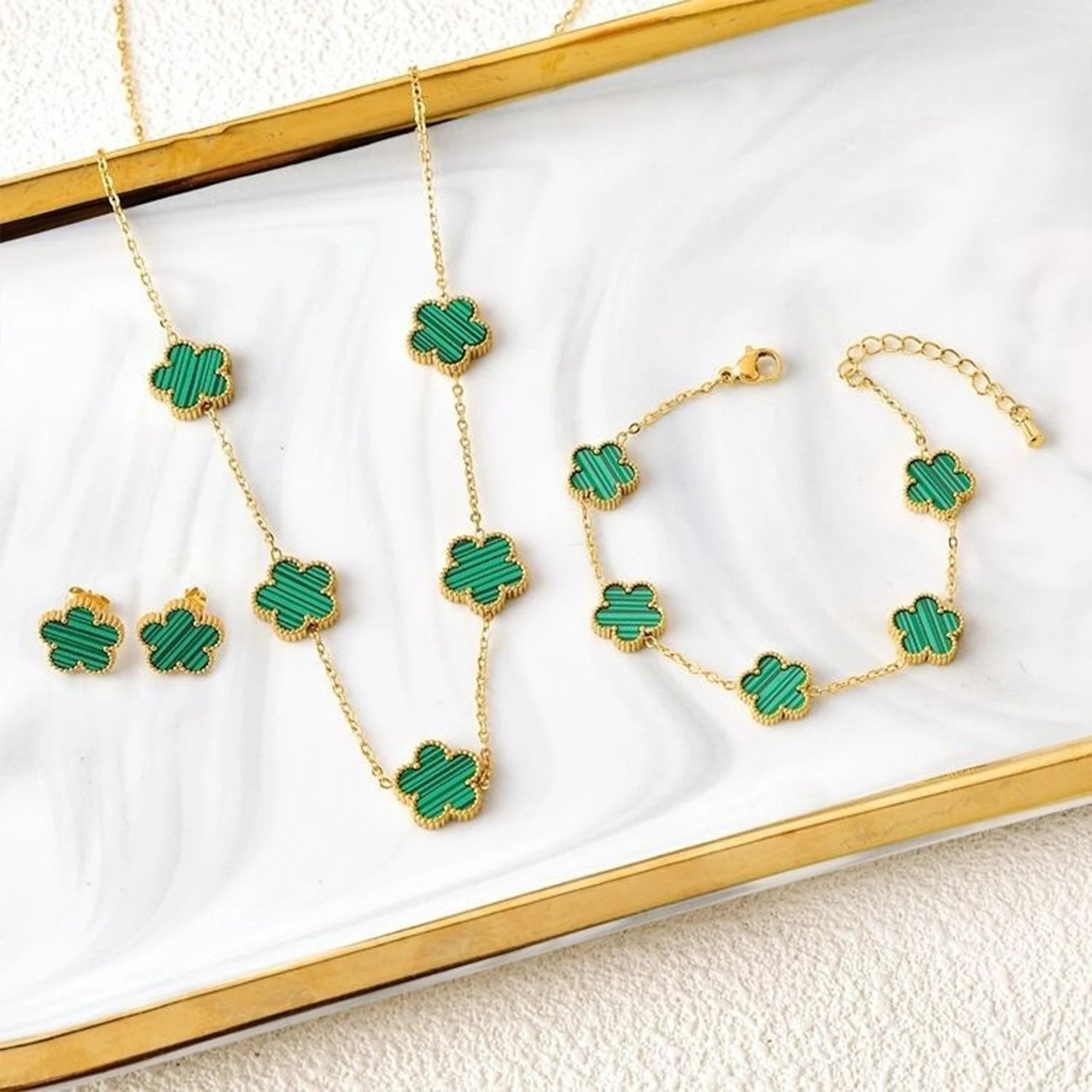 Clover Five Leaf Flower Stainless Steel Jewelry Set
Luxury Bracelet, Necklace & Earrings for Women