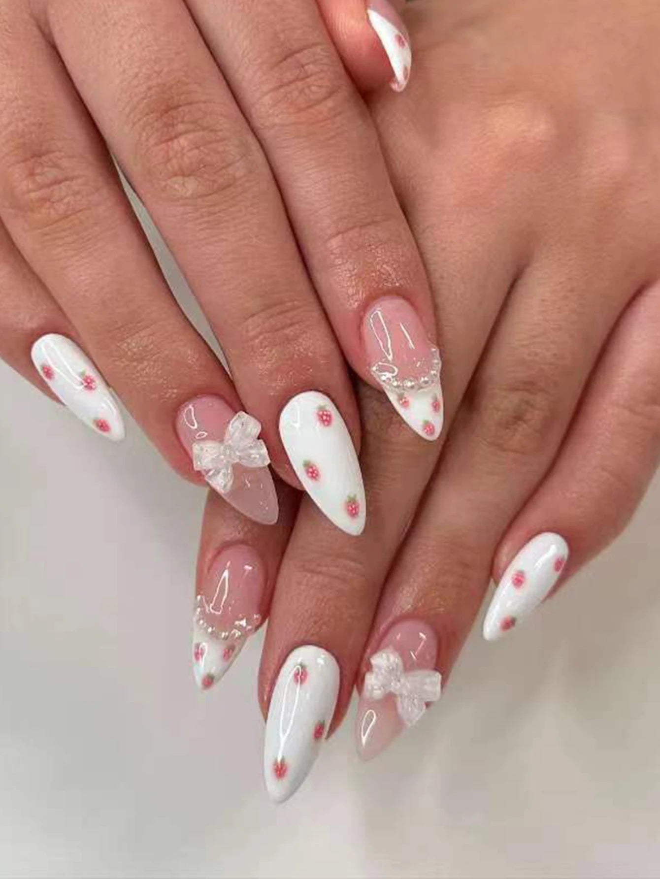 ARTAUG 24PCS Press-On Nails – Medium Stiletto, Pink Bowknot, French Trim, Full Cover