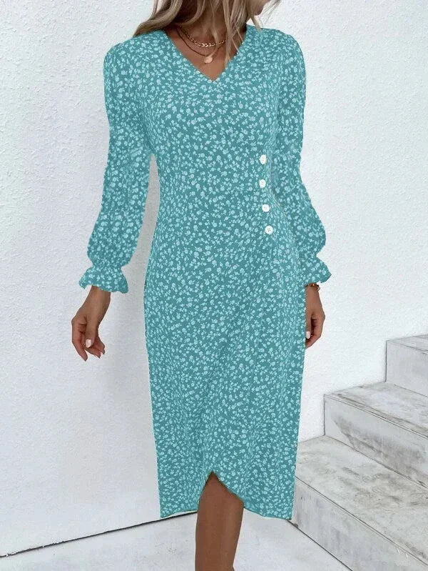 Floral Pleated Midi Dress with V-Neck & Puff Sleeves