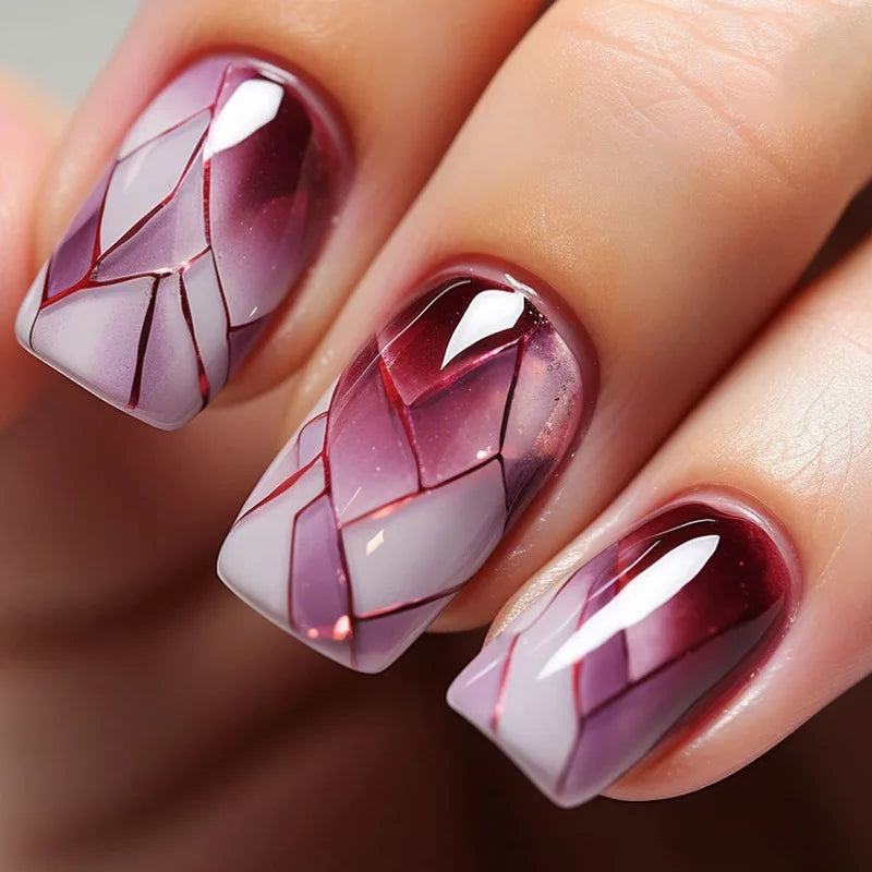 24pcs Wine Red Glitter Gradient Press-On Nails