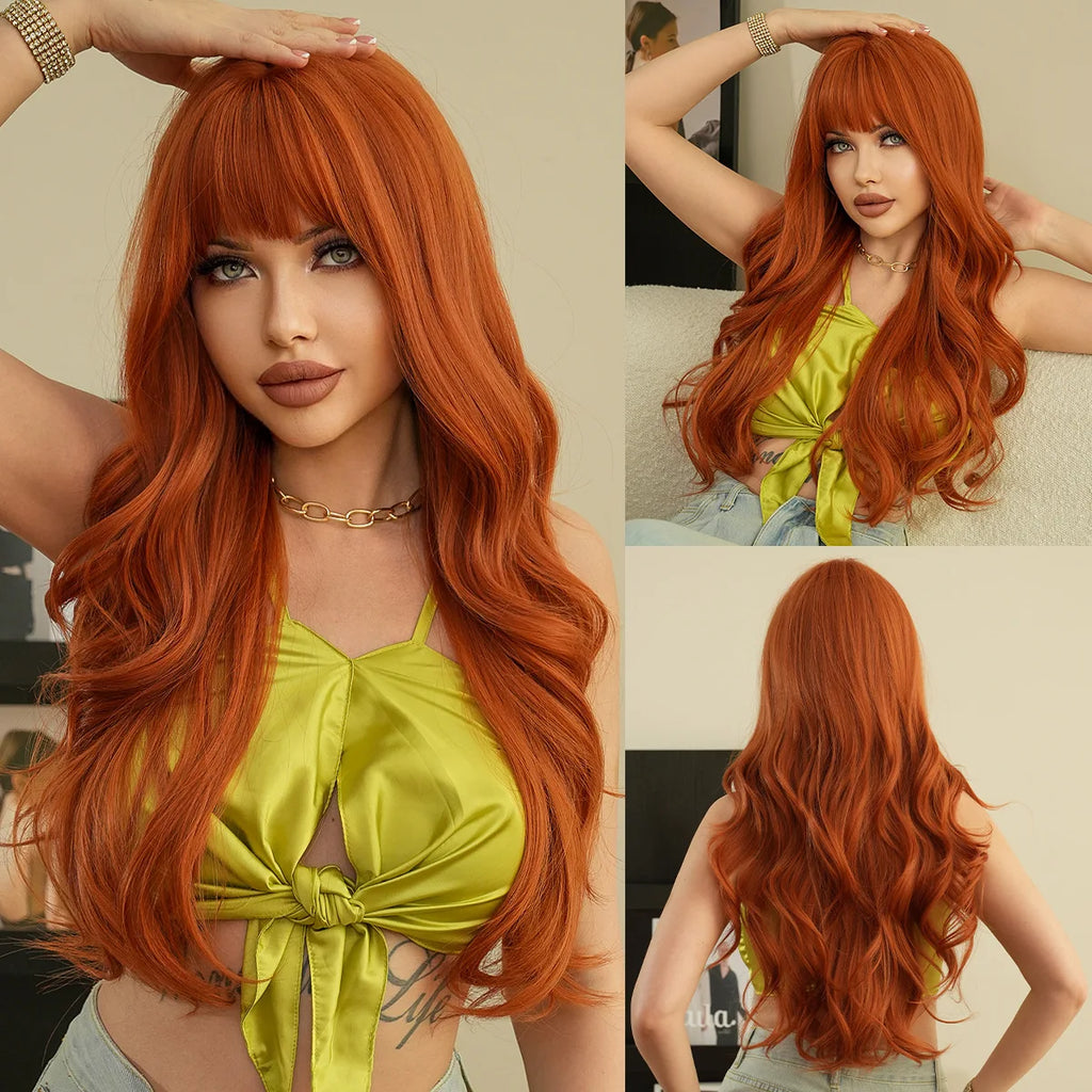 Wine Red Synthetic Wig – Long Curly, Big Waves, Bangs, Heat-Resistant, Full Head
