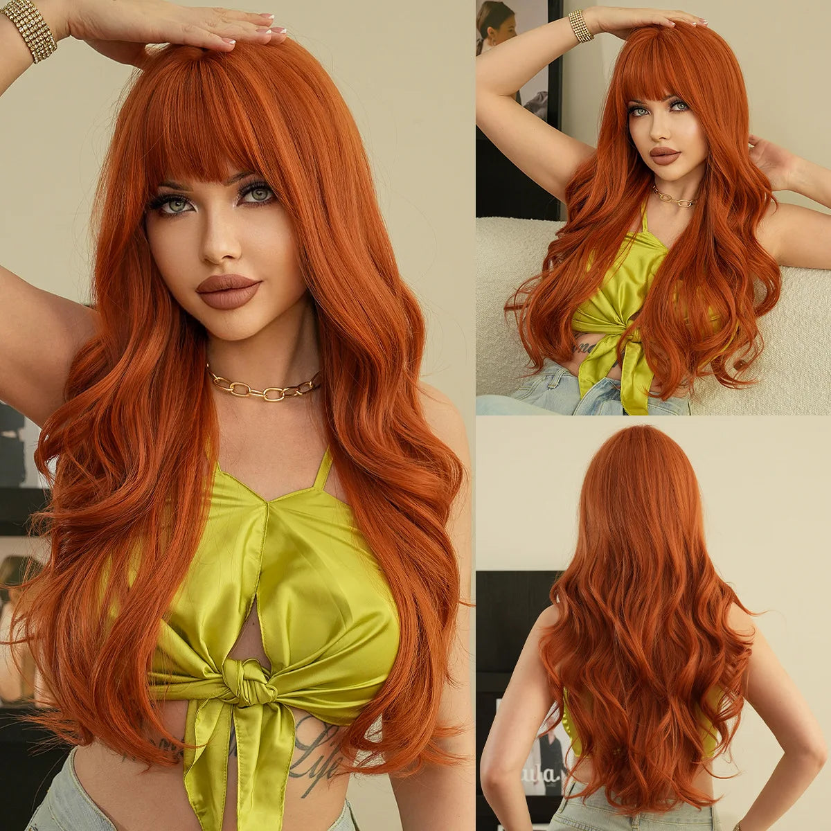 Wine Red Synthetic Wig – Long Curly, Big Waves, Bangs, Heat-Resistant, Full Head
