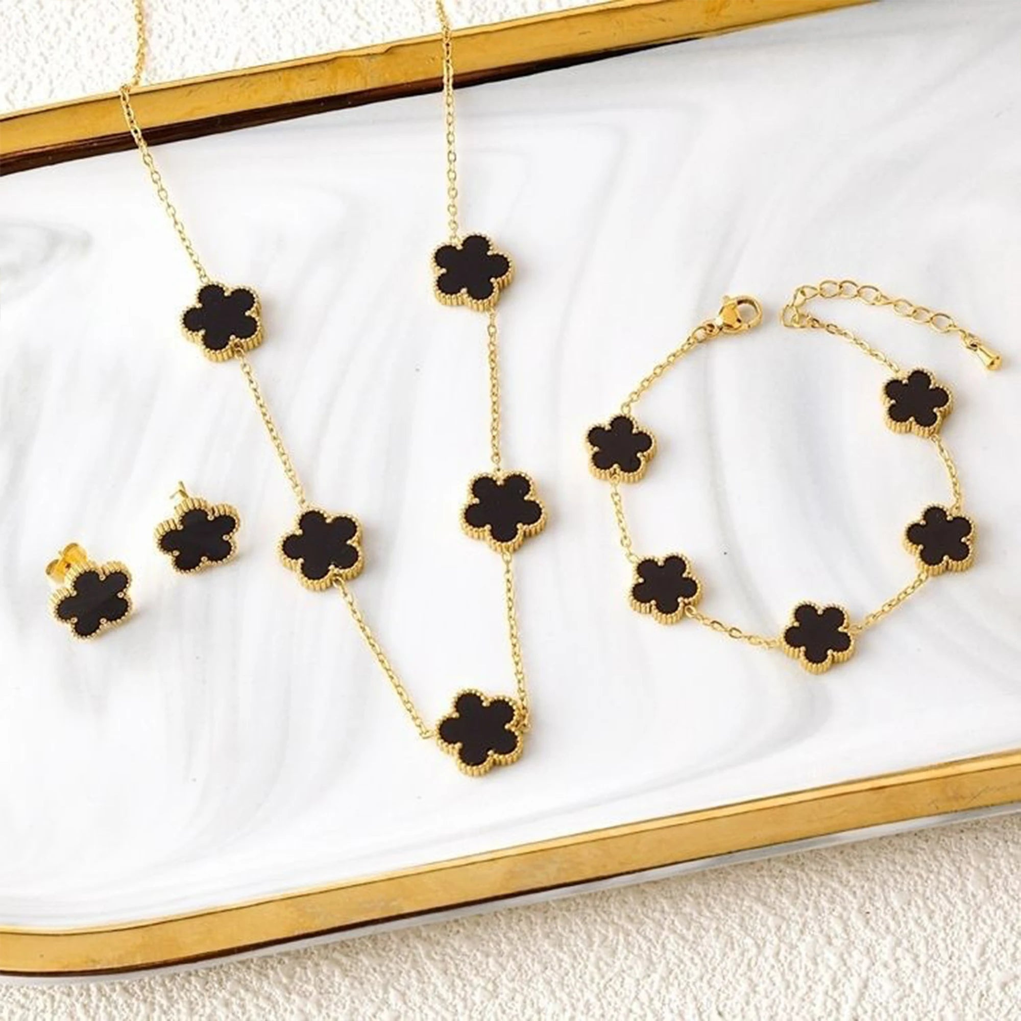 Clover Five Leaf Flower Stainless Steel Jewelry Set
Luxury Bracelet, Necklace & Earrings for Women