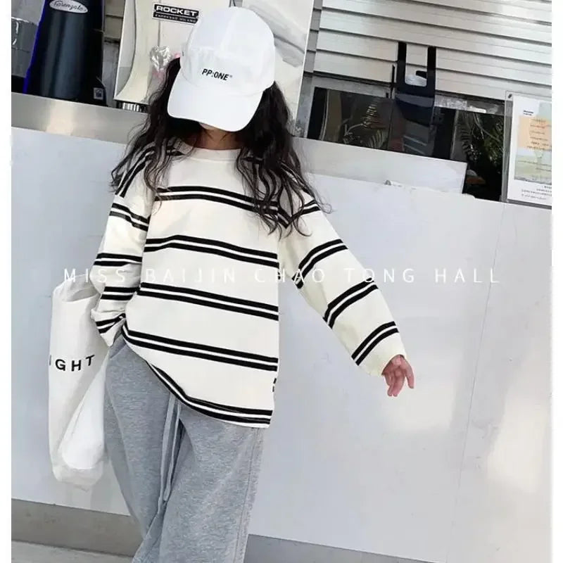 Korea Style Kids Outfit 2025 – 2-Piece, Long Sleeve Striped Top & Loose Pants, Girls 6–14Y
