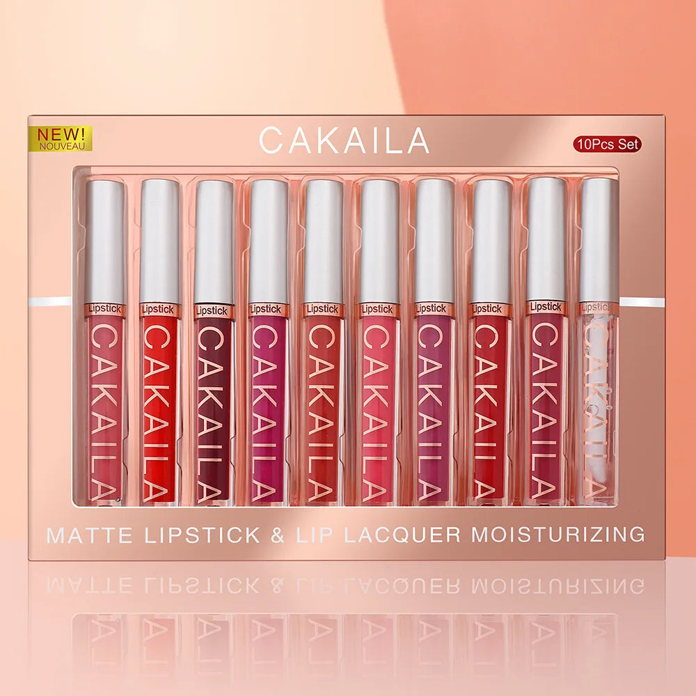 CAKAILA 10PCS Nude Lip Gloss Set – Matte, Velvet, Waterproof, Long-Lasting