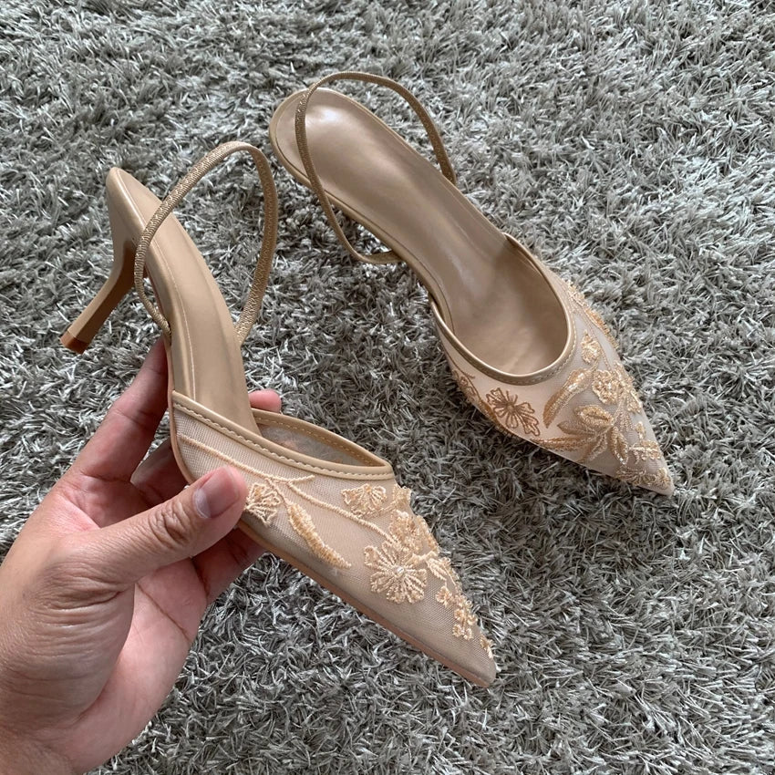Mesh Embroidered Beaded High Heel Sandals – Women’s Pointed Toe Slingback Mules