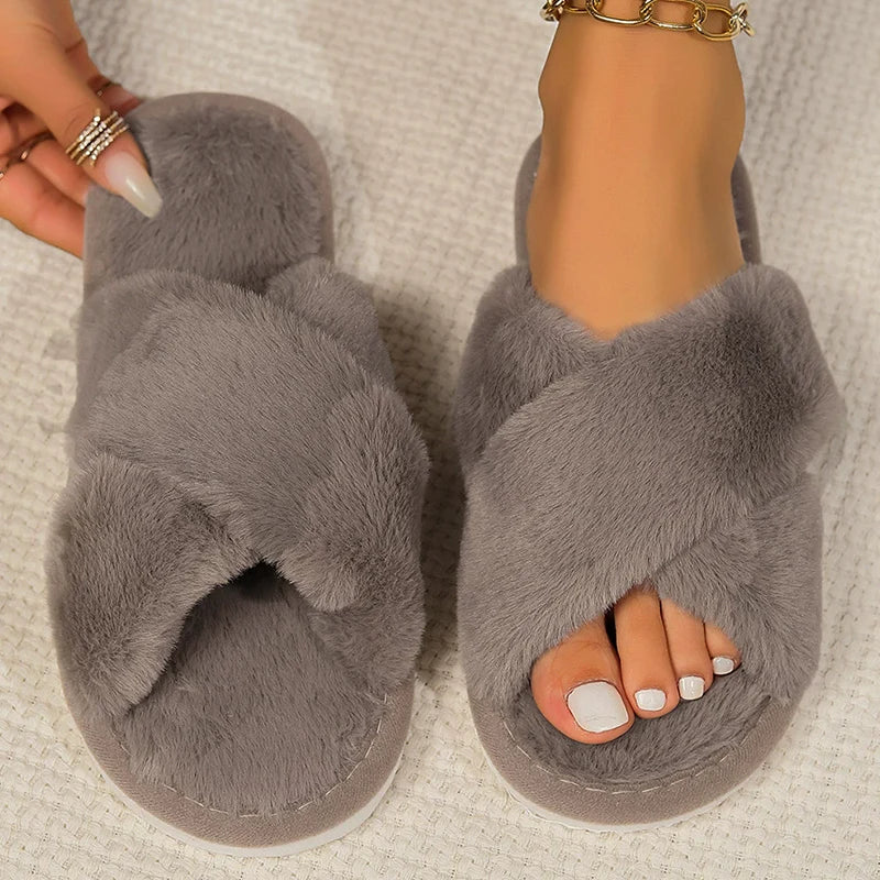 Cross Band Fluffy Fur Slippers – Cozy Open Toe Indoor Shoes for Women