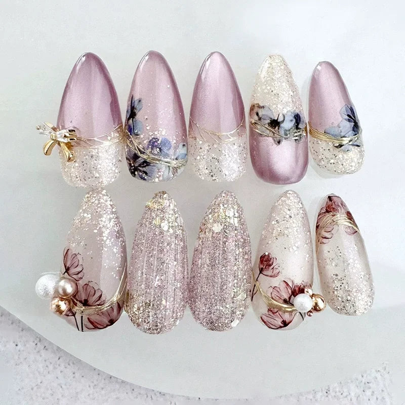 24pcs Matte Almond Press-On Nails with Rose Leaf Design