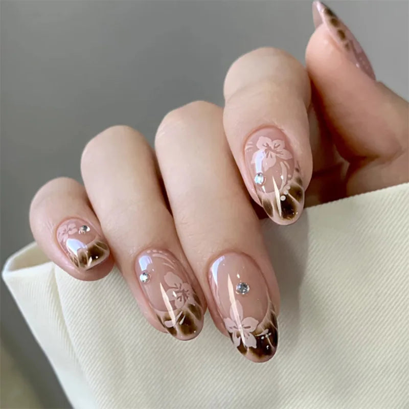 24pcs Matte Almond Press-On Nails with Rose Leaf Design