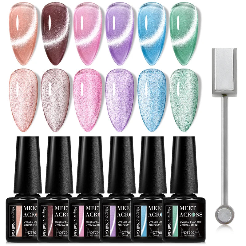 MEET ACROSS 7PCS Cat Magnetic Gel Nail Kit – Semi-Transparent Blue, Sparkling, UV Soak-Off