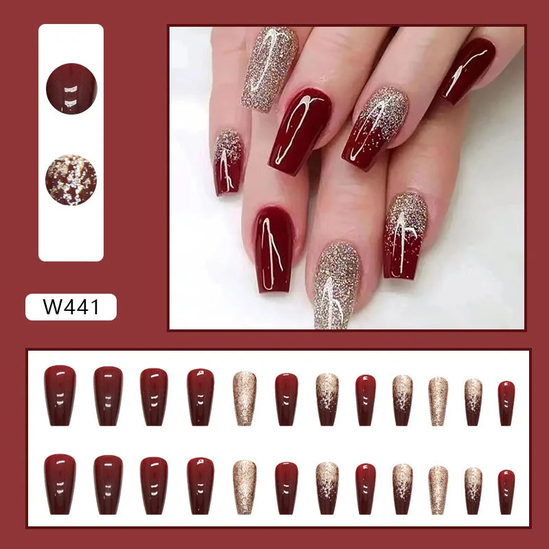 24pcs Wine Red Glitter Gradient Press-On Nails