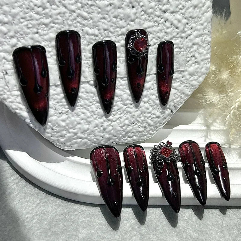 10PCS Dark Red Press-On Nails – Long Tips, Handmade, Cat Eye Glitter & Chains