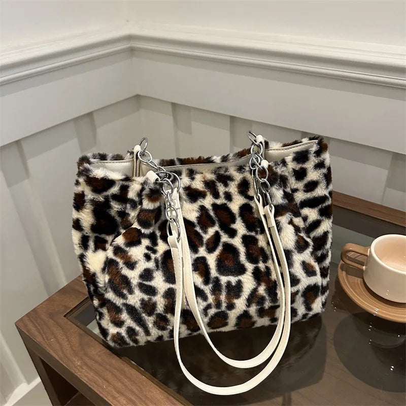 Winter Leopard Print Plush Shoulder Bag – Chic & Spacious Women’s Handbag