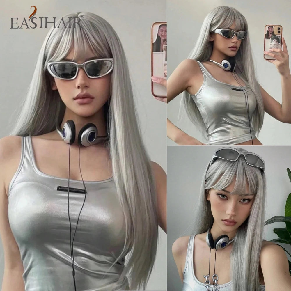 EASIHAIR Long Black Wig – Silky Straight, Bangs, Cosplay/Party, Heat-Resistant