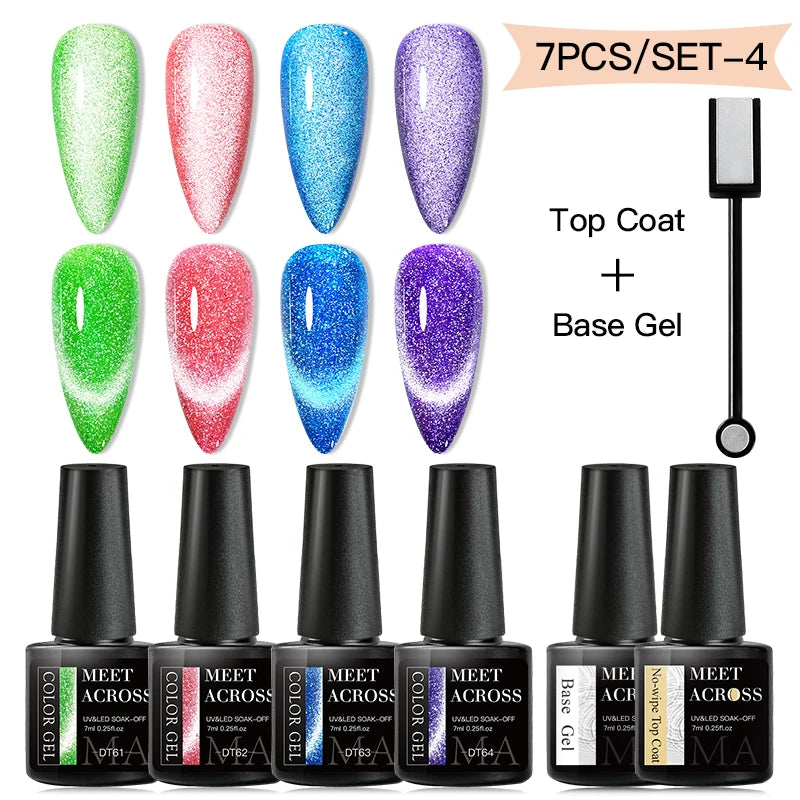 MEET ACROSS 7PCS Cat Magnetic Gel Nail Kit – Semi-Transparent Blue, Sparkling, UV Soak-Off