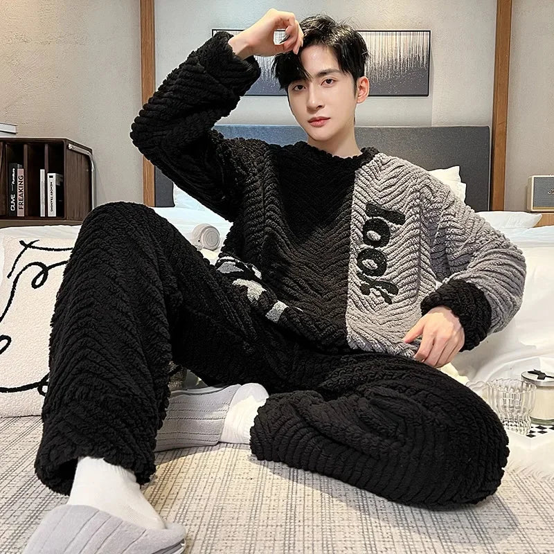 Men's Coral Fleece Pajamas – Thickened, Warm, Two-Piece, Autumn/Winter