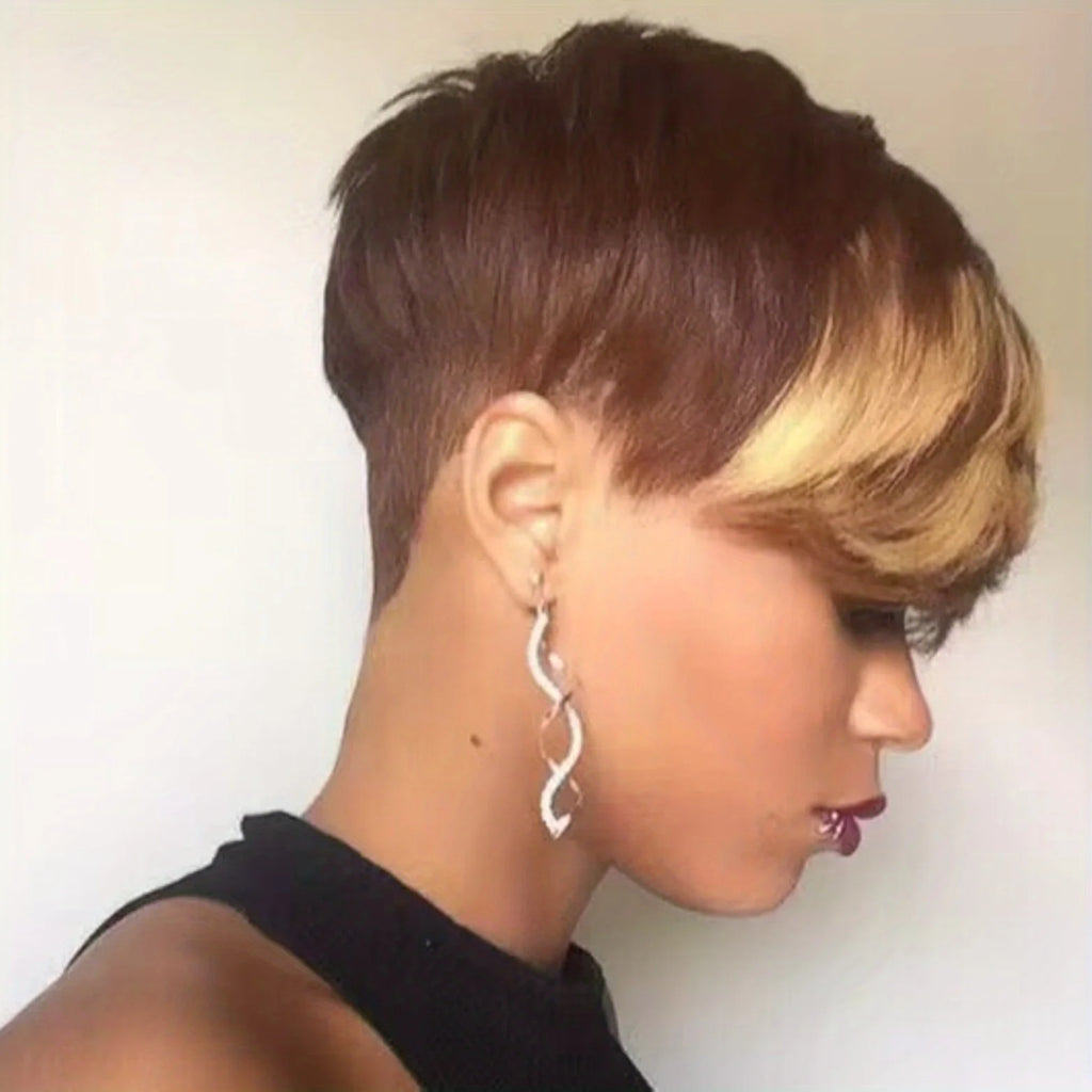 Short Dark Brown Wig – Blonde Highlights, Pixie Cut, Synthetic Layered, Bangs, Natural Look