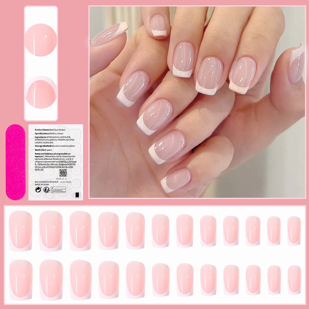 24PCS Pearl Bow Press-On Nails – Nude Pink, White French Almond, Full Cover, Includes Tools
