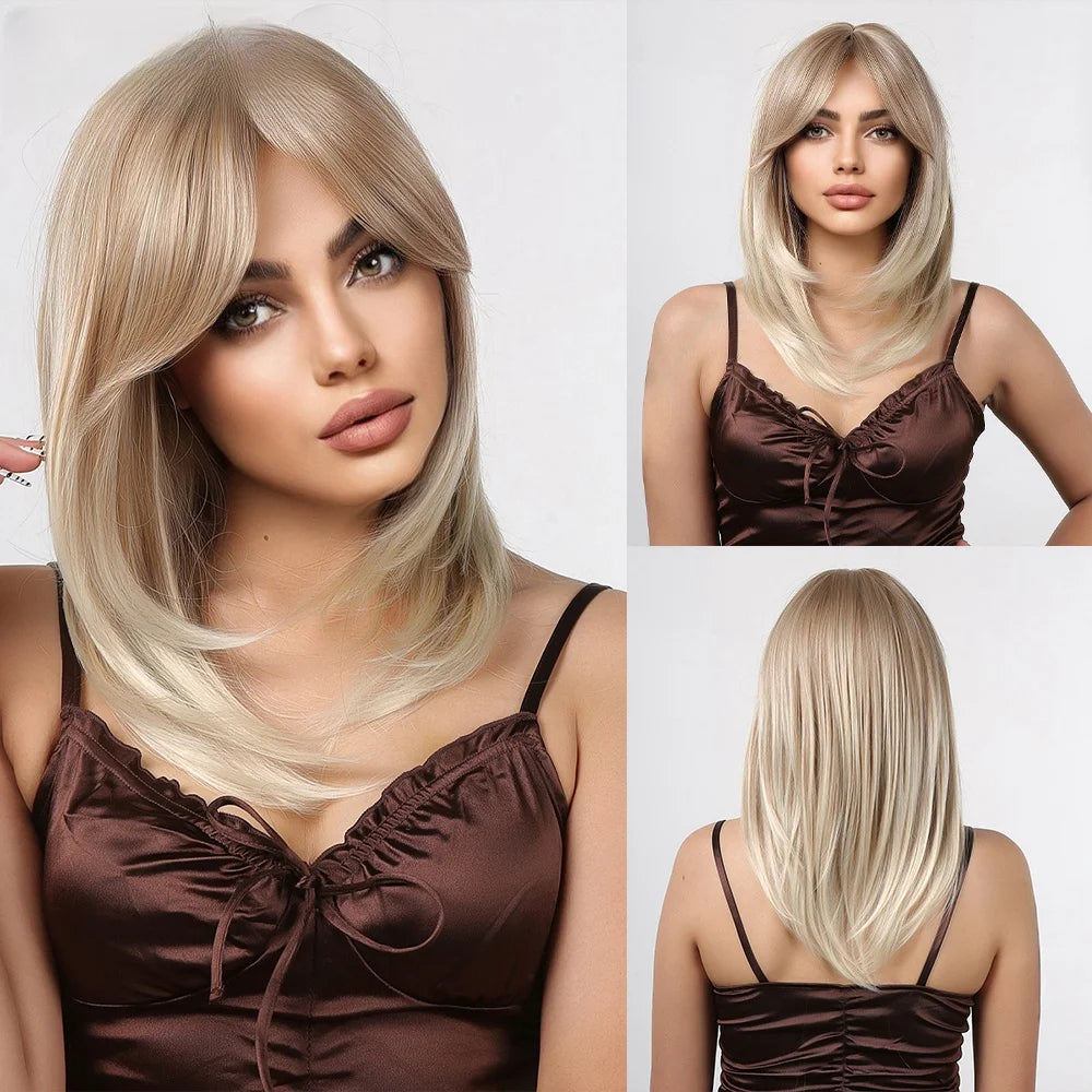 Long Blonde Wig – Straight Layered, Platinum Highlights, Bangs, Synthetic, Heat-Resistant, Daily Use