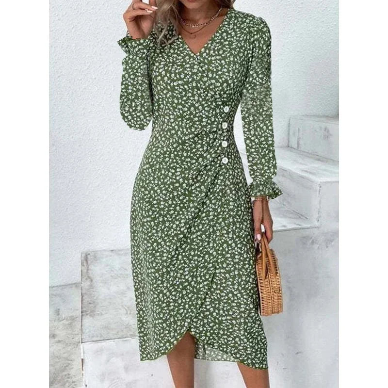 Floral Pleated Midi Dress with V-Neck & Puff Sleeves