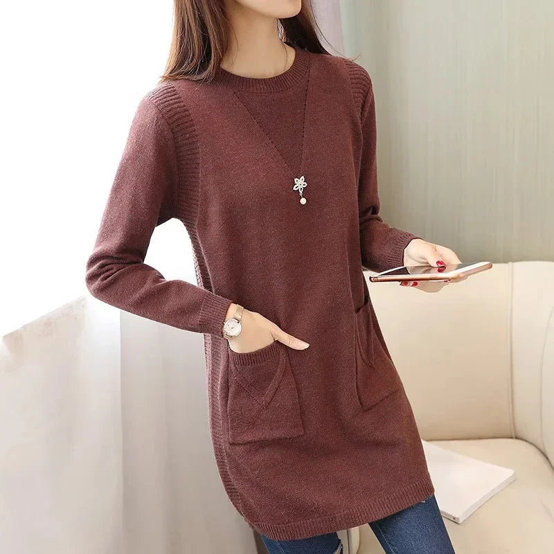 Pull Femme Tricot Mi-Long – Coupe Ample, Doublé Polaire, Style Coréen