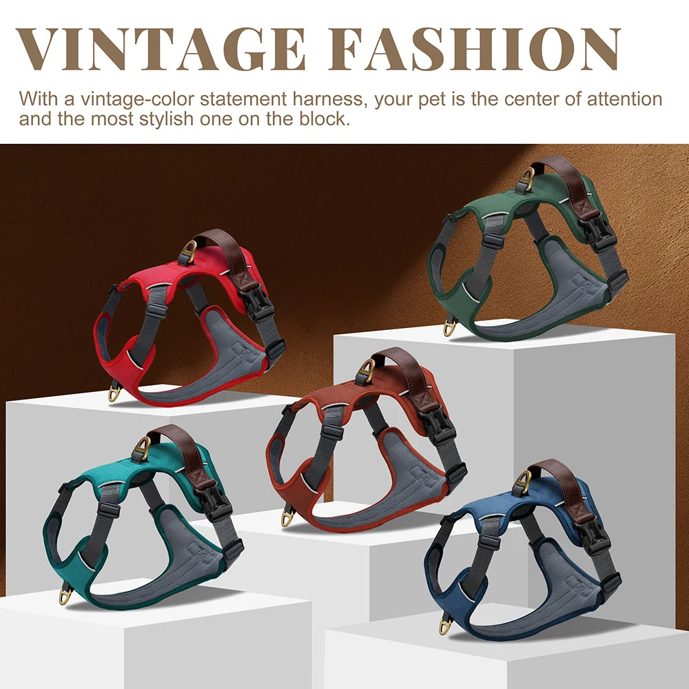 Vintage Dog Harness – Durable PU Leather, Breathable, Control Handle, Retro Style for Small to Large Dogs