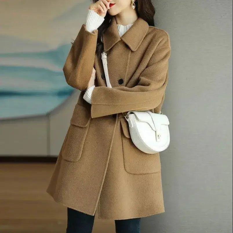 Manteau Femme Épaissi – Style Coréen Jeune, Mi-Long, Coupe Ample, Printemps/Automne, Taille Petite