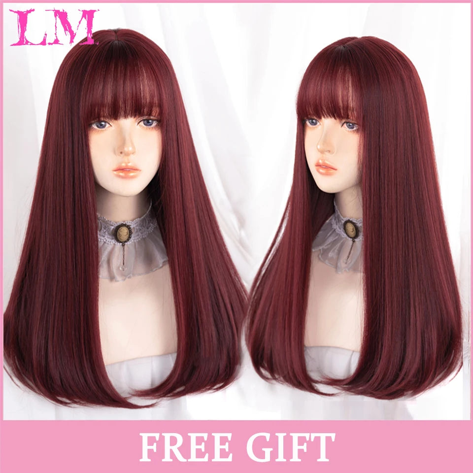 LM Cosplay Wig – 24" Long, Straight Pink, Bangs, Heat-Resistant