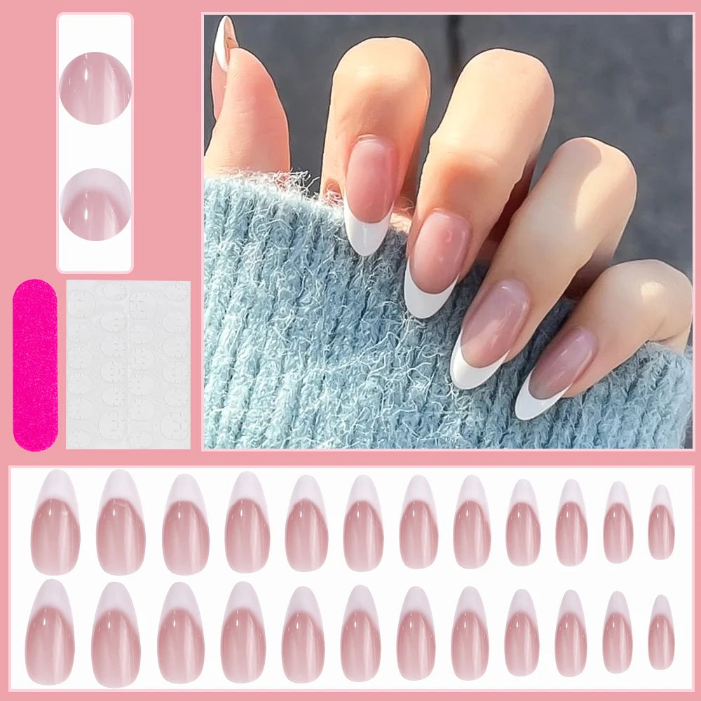 24PCS Pearl Bow Press-On Nails – Nude Pink, White French Almond, Full Cover, Includes Tools