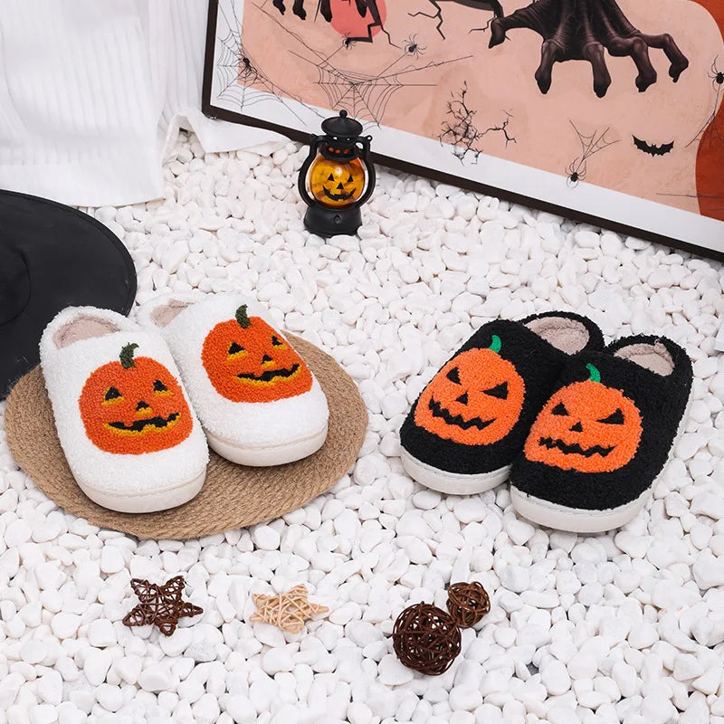 Cozy Halloween Pumpkin Plush Slippers – Women's Non-Slip Indoor Winter Slides