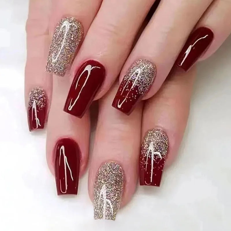 24pcs Wine Red Glitter Gradient Press-On Nails