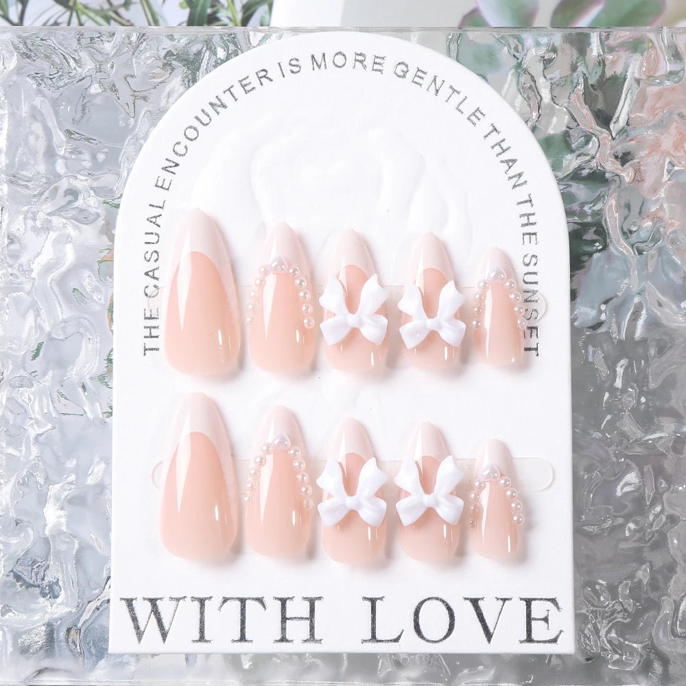 24PCS Pearl Bow Press-On Nails – Nude Pink, White French Almond, Full Cover, Includes Tools