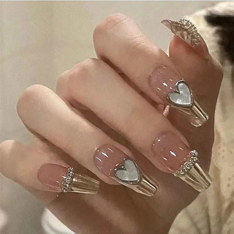 24PCS Pearl Bow Press-On Nails – Nude Pink, White French Almond, Full Cover, Includes Tools