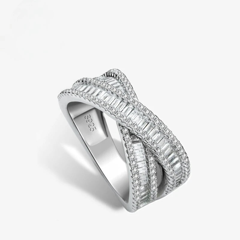 S925 Sterling Silver Double Layer Cross Full Diamond Ring Minimalist Stackable Statement Finger Jewelry for Women