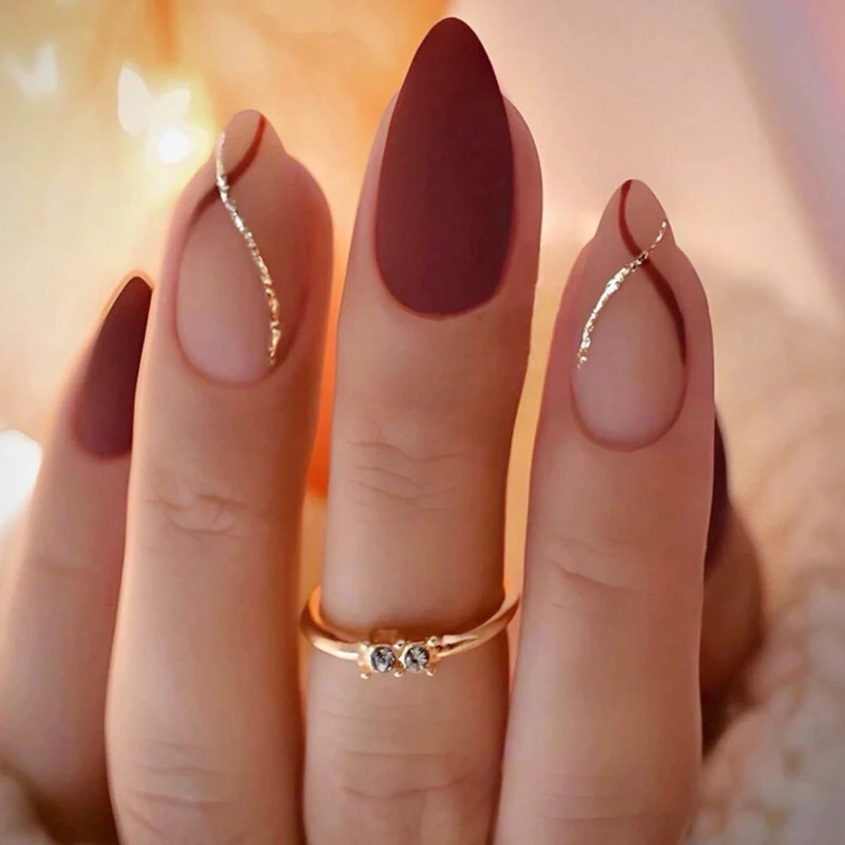 French Red & Gold Matte Fake Nails – Medium Drop Shape, Full Coverage, Press-On