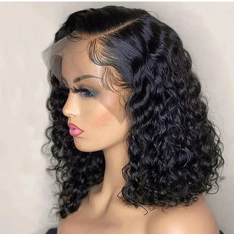 Deep Wave Short Bob Wig – 180% Density, Pre-Plucked, Side Part, 13x4 Lace Frontal, Brazilian Virgin Hair