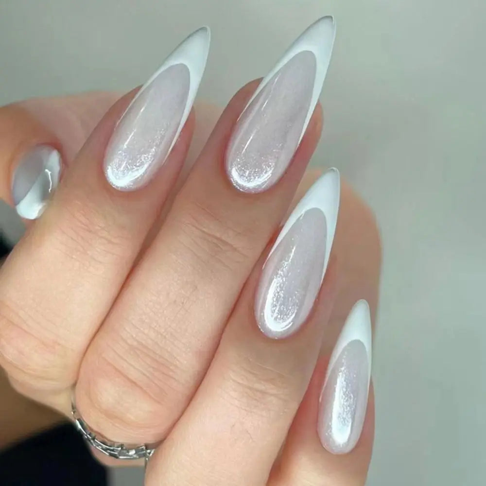 24PCS Stiletto French Fake Nails – White Edge, Aurora, Full Cover, Press-On, DIY Detachable