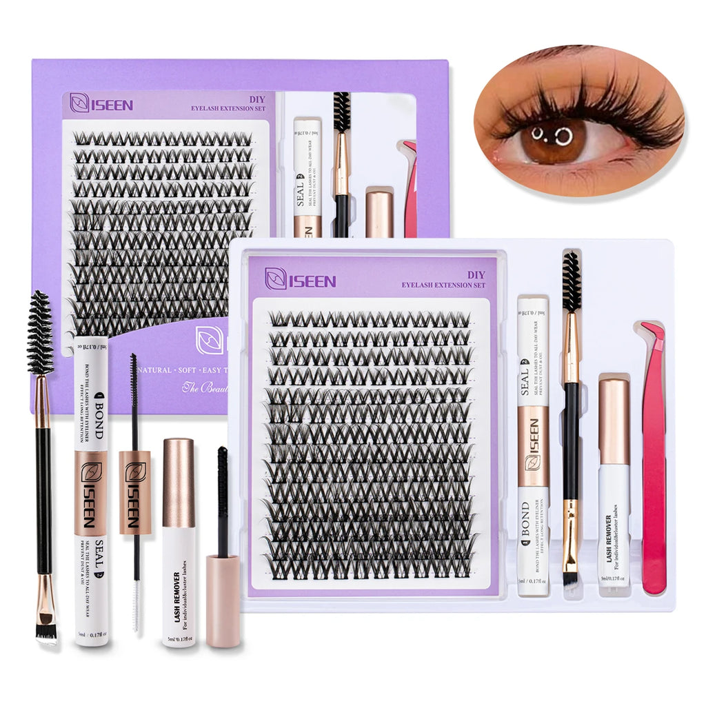 ISEEN DIY Lash Extension Kit – Mixed Styles, Clusters, Includes Bond & Seal, Tweezers & Brush