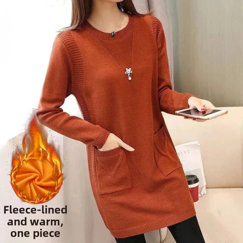 Pull Femme Tricot Mi-Long – Coupe Ample, Doublé Polaire, Style Coréen