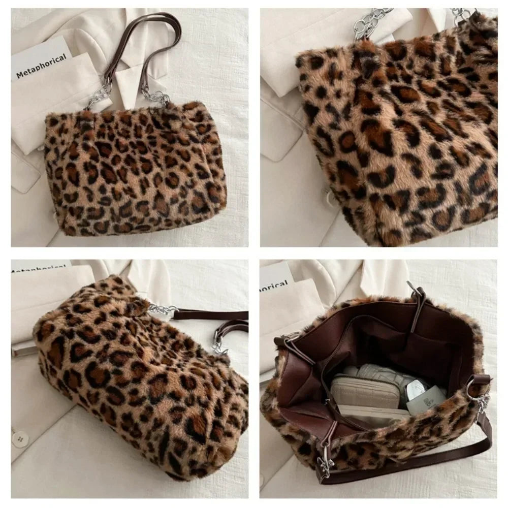 Winter Leopard Print Plush Shoulder Bag – Chic & Spacious Women’s Handbag