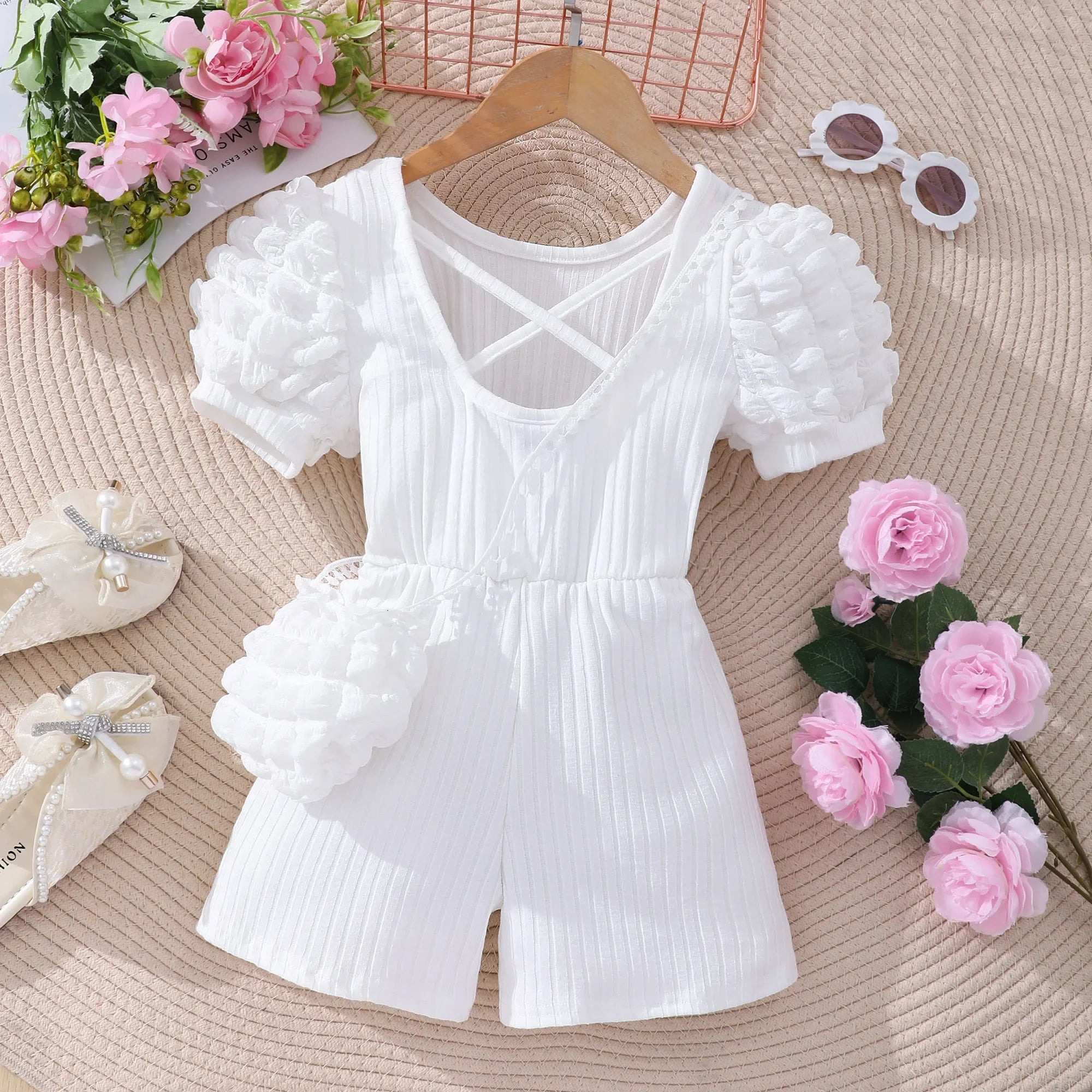 Girls Summer Romper – Short Puff Sleeve, Solid Color, Belt & Flower Satchel, Casual Fashion