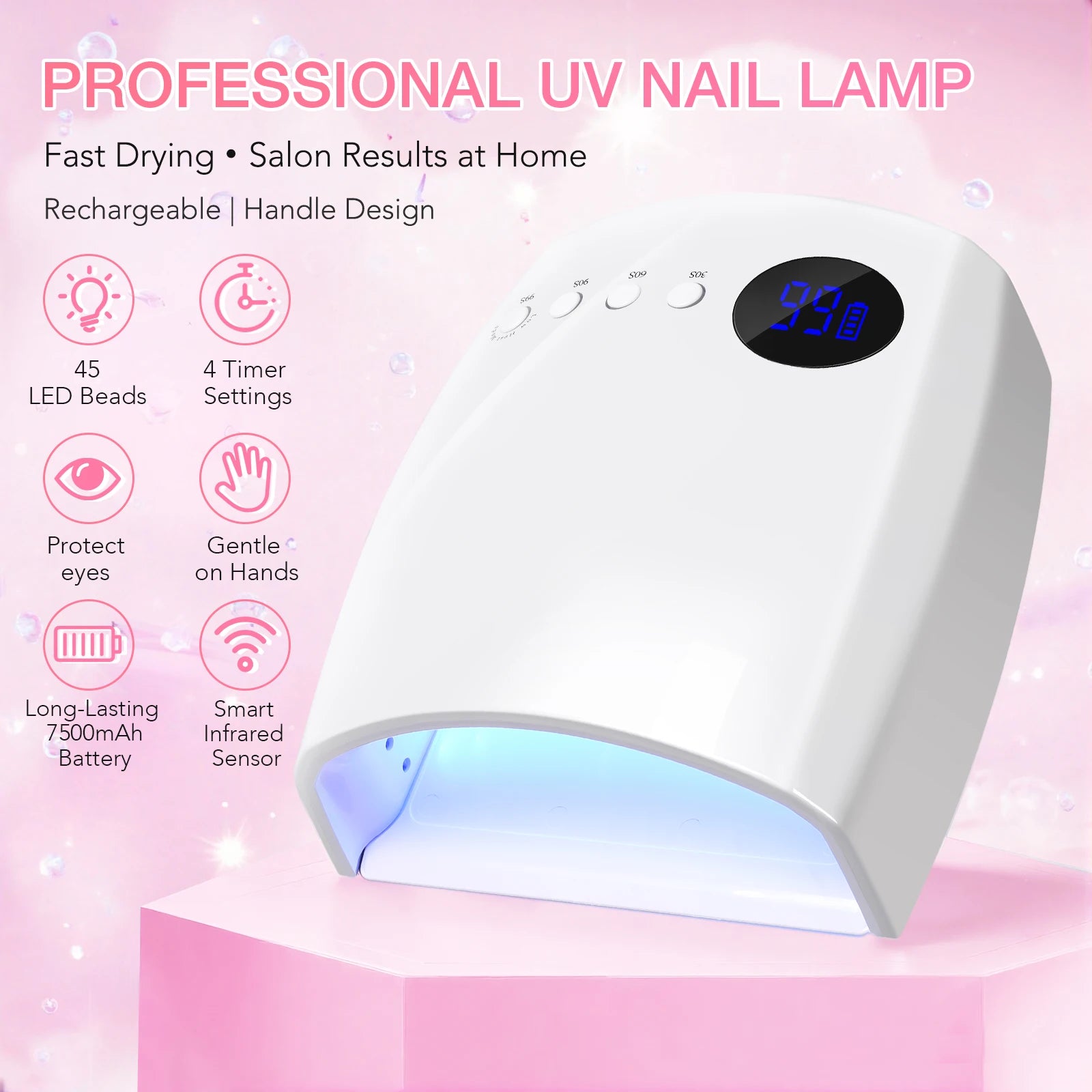 DianaBeauty UV LED Nail Lamp – Rechargeable, Cordless, 4 Timer Modes, 7500mAh Battery