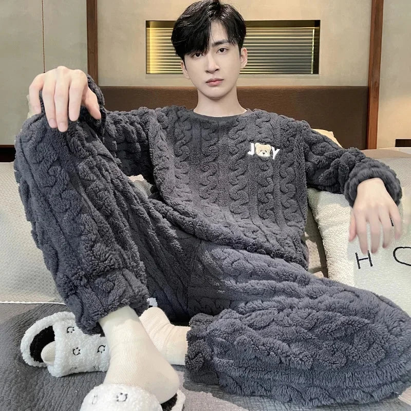 Men's Coral Fleece Pajamas – Thickened, Warm, Two-Piece, Autumn/Winter