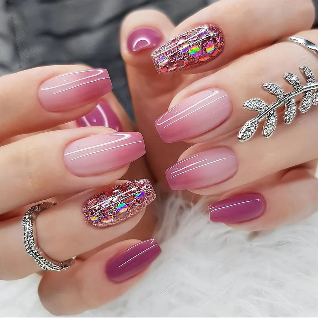 24pcs Wine Red Glitter Gradient Press-On Nails